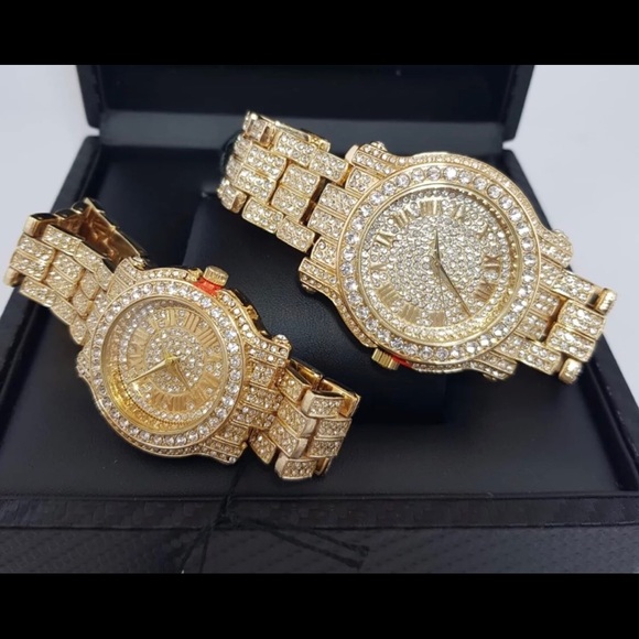 Couples Gold Finished Lab Diamond Watch Set - Picture 2 of 3